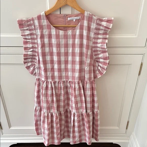 English Factory Women's Gingham Check Babydoll Mini Dress, Pink, Large
